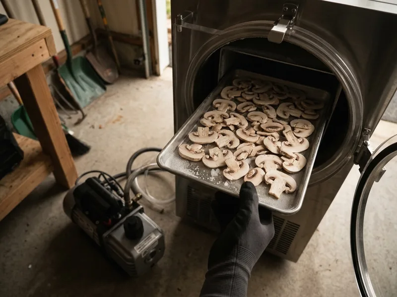 A freeze dryer with its door open and a tray of intact mushroom slices