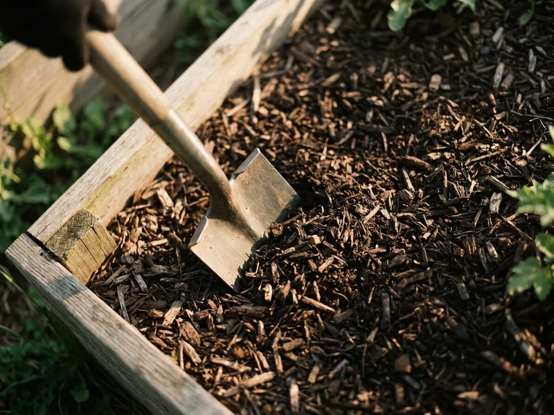 A square garden spade pushed into wood chip mulch
