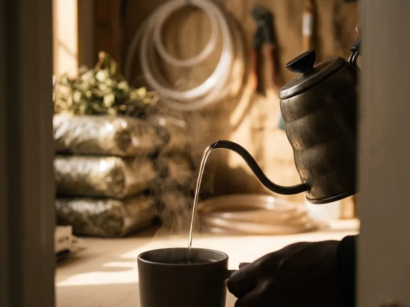 A gooseneck kettle pouring a thin stream into a dark cup