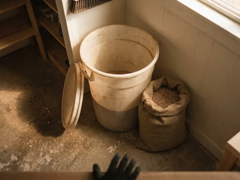 A sealed grain vault with its lid off beside an open sack of rye