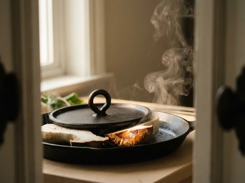 A round cast iron press weighting mushroom slabs down in a hot skillet