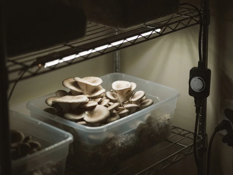An LED strip under a shelf lighting a tub of fruiting oyster mushrooms
