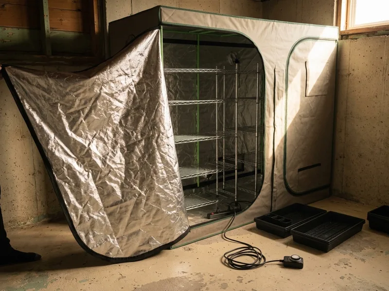 A fabric grow tent unzipped to show shelves of fruiting blocks