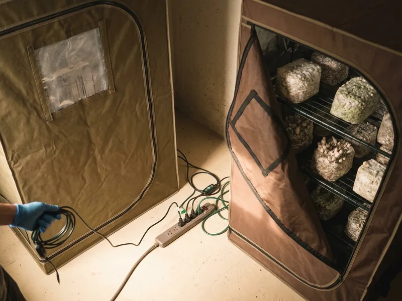 A fabric grow tent unzipped to show shelves of fruiting blocks