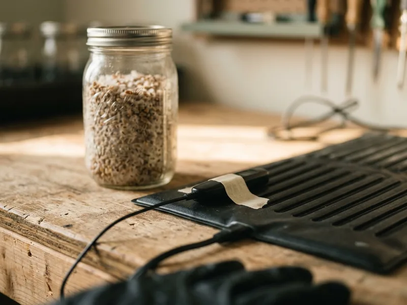 A propagation heat mat with a thermostat probe under a jar of colonising grain