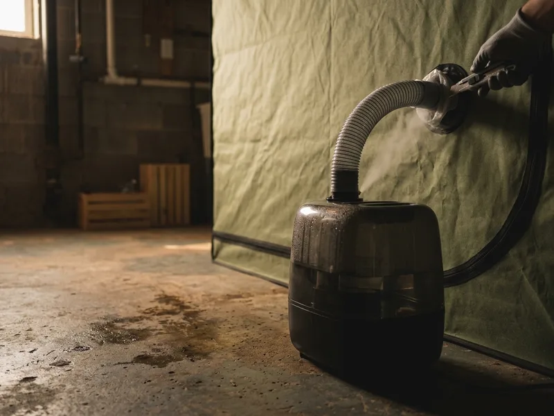 An ultrasonic humidifier feeding fog through a hose into a grow tent