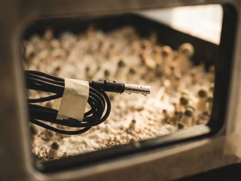 A plug-in humidity controller mounted on a grow tent pole