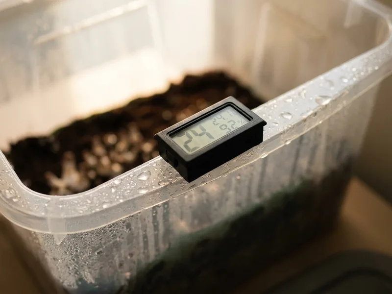 A small digital hygrometer resting on the rim of a humid growing tub