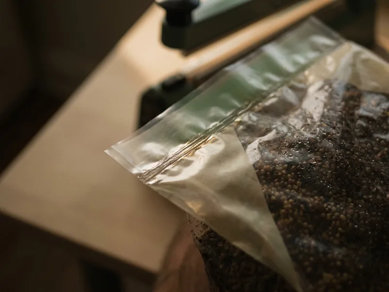 A heated sealing bar closing the mouth of a filter patch grow bag