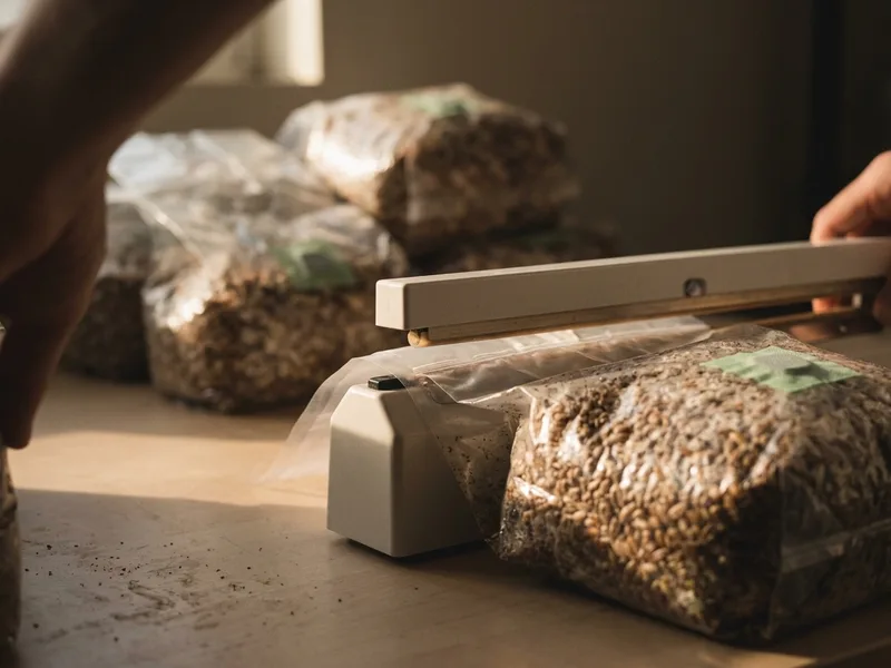 A heated sealing bar closing the mouth of a filter patch grow bag