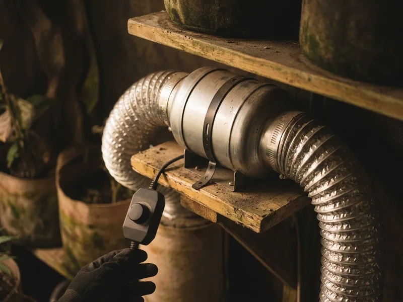 A four inch inline duct fan with ducting and a speed controller