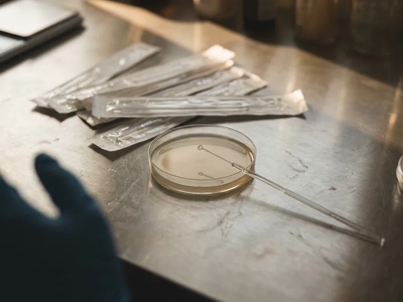 A wire inoculating loop glowing red in an alcohol lamp flame