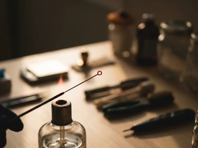 A wire inoculating loop glowing red in an alcohol lamp flame