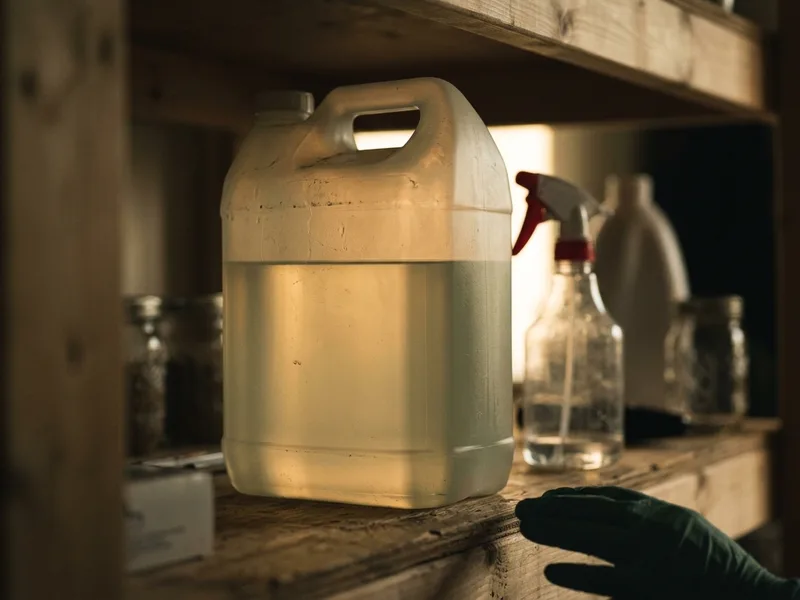 A four litre jug of clear alcohol on a workshop shelf beside a spray bottle