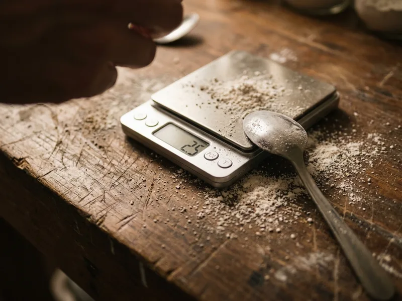 A flat digital scale on a workbench beside scattered powder and a spoon