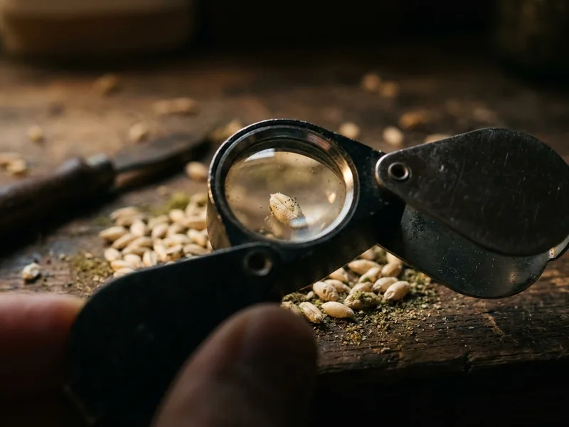 A folding loupe held over a handful of grain on a dark bench