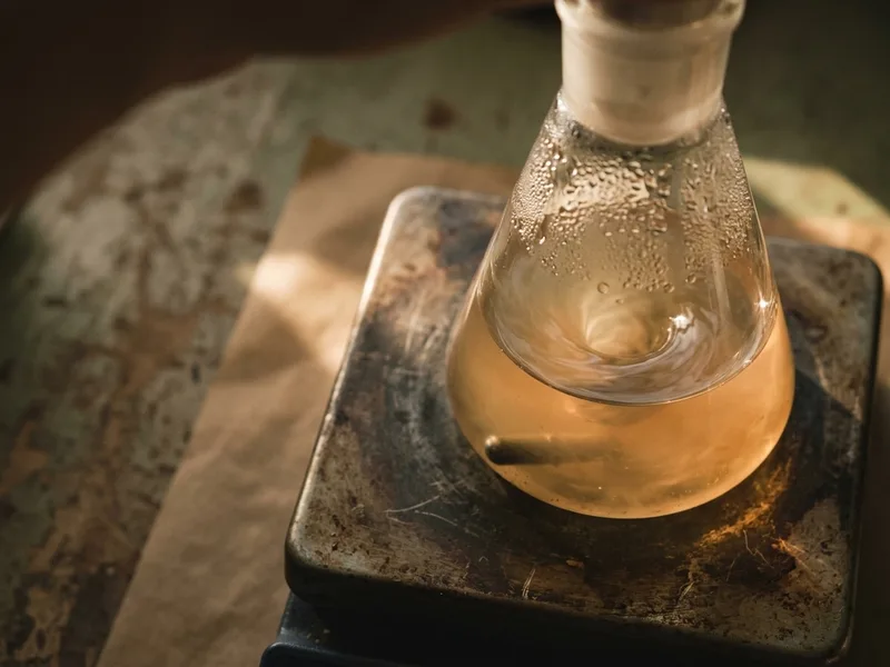 A vortex spinning in a flask of amber liquid culture on a stir plate