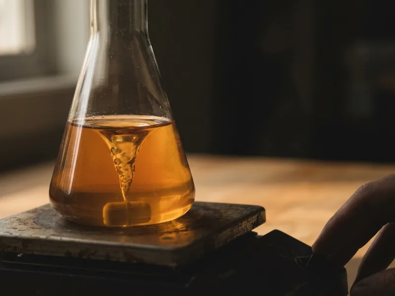 A vortex spinning in a flask of amber liquid culture on a stir plate