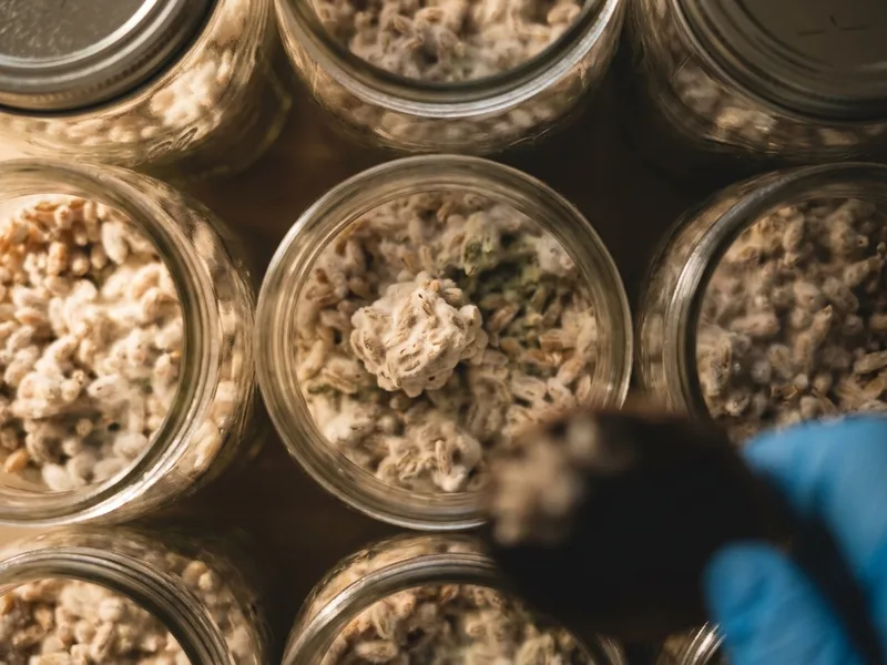 Wide-mouth glass jars packed with colonised grain, seen from above