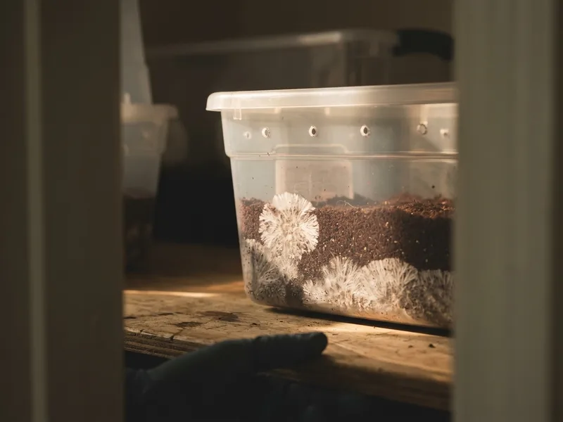 A clear storage tote with mycelium spreading against the wall