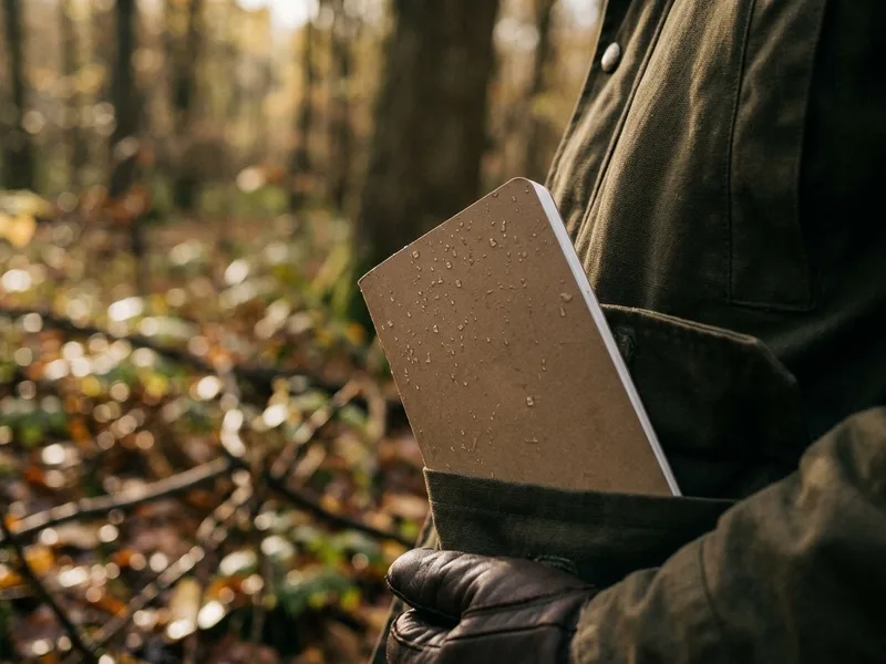 An open field guide lying on a mossy log