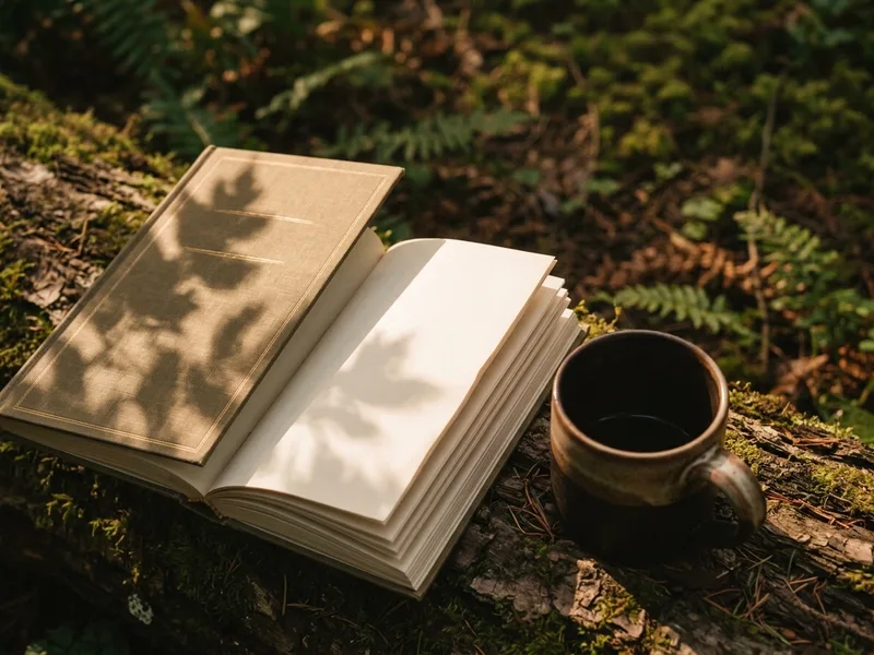 An open field guide lying on a mossy log