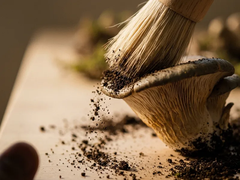 A soft bristle brush sweeping soil from a mushroom cap