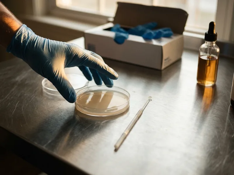 A gloved hand reaching toward an open petri dish on a clean bench