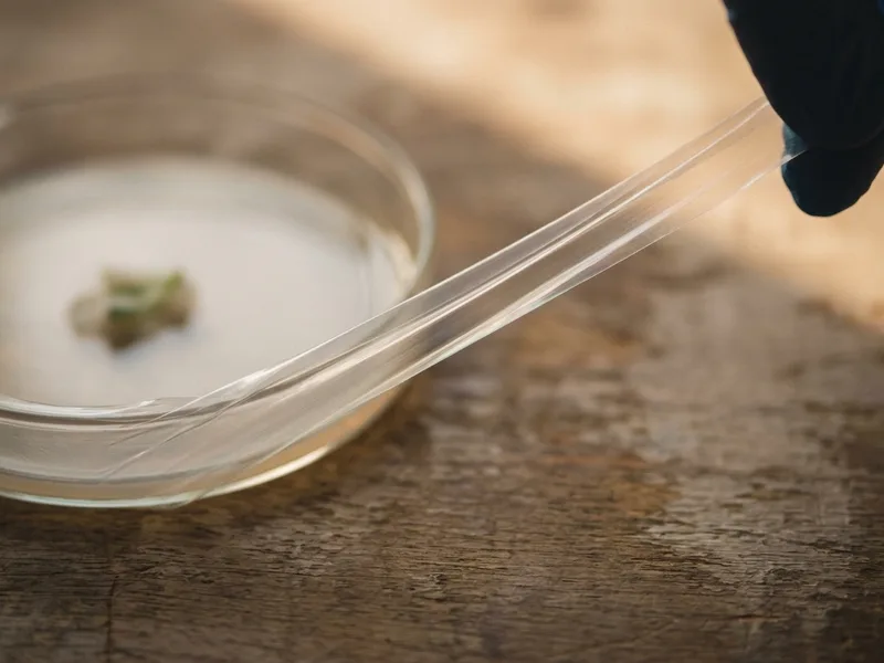 Laboratory sealing film being stretched around the rim of a petri dish