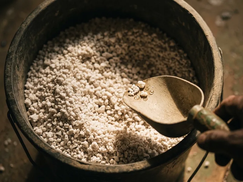 Coarse white perlite granules heaped in a bucket, beaded with water