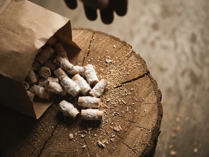 Wooden dowels furred with mycelium spilling onto a cut log end