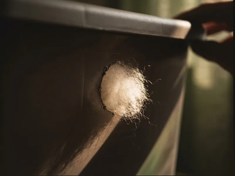 Polyester fibre fill pushed into a drilled hole in a tub wall