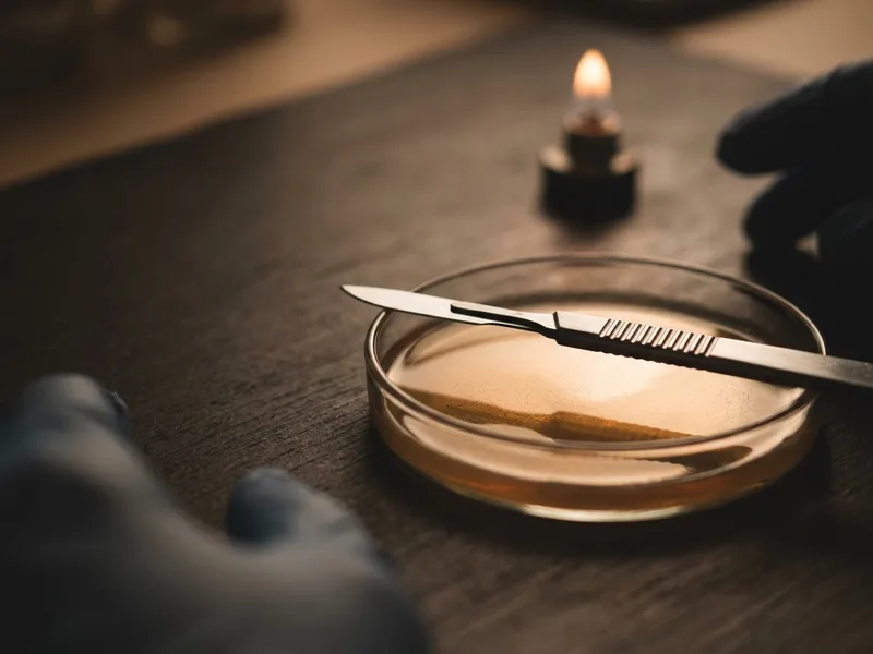A steel scalpel resting across an open petri dish beside an alcohol lamp