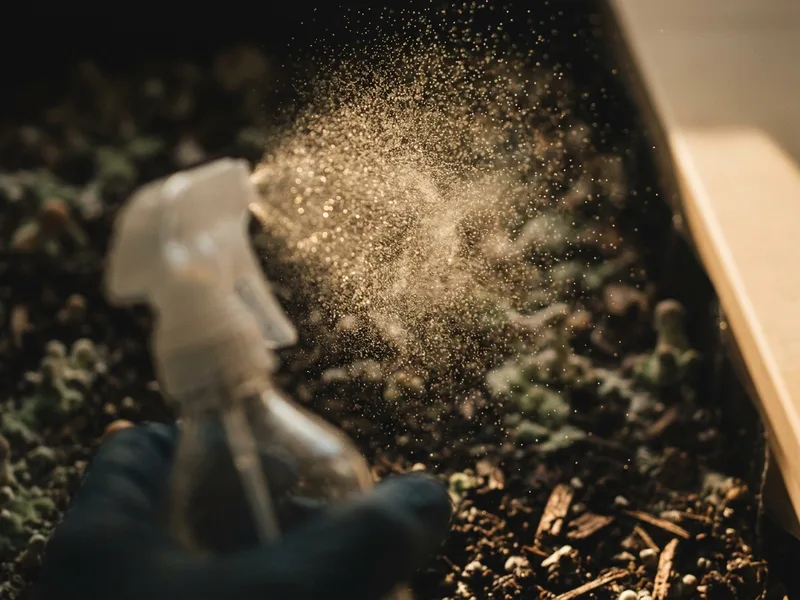 A spray bottle caught mid-mist, backlit above a dark substrate