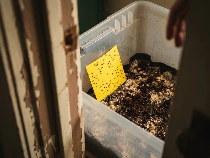A yellow sticky card in a substrate tub with small flies caught on it