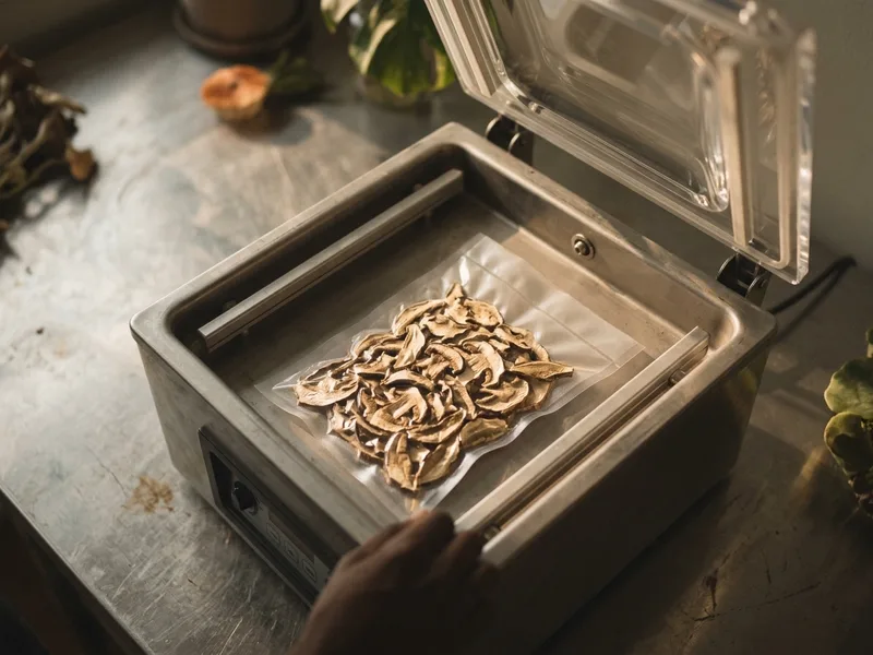 A chamber vacuum sealer with a bag of dried mushrooms inside