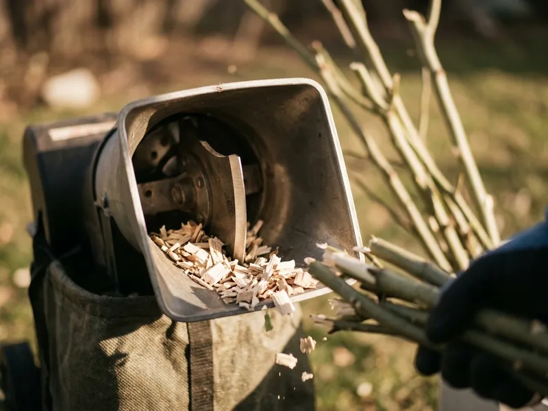 An electric garden chipper with fresh hardwood chips spilling from its bag
