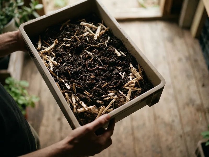 A stacking worm composter tray full of castings and spent substrate